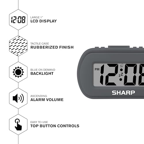 Sharp Digital Alarm Clock, Battery Operated with Backlight, Charcoal Black