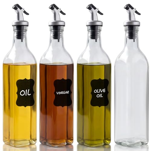 4-Pack 17oz Glass Oil & Vinegar Dispenser Set with Leakproof Spouts & Labels