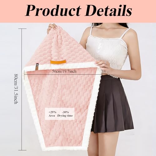 Extra Large Hair Drying Towel with Elastic Strap - Soft Coral Fleece, 19.7x31.5 inch, Pink