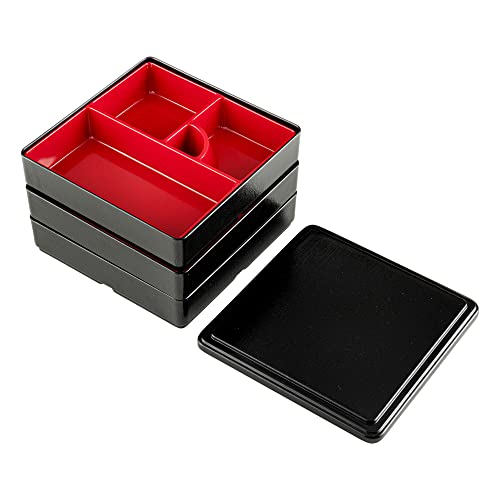 Restaurantware-8.3 x 5.9 Inch 5-Compartment Lunch Container, 1 Japanese Style Adult Lunch Container - 3 Stackable Layers, Black & Red Plastic Divided Meal Box, Greaseproof, Hot & Cold Food