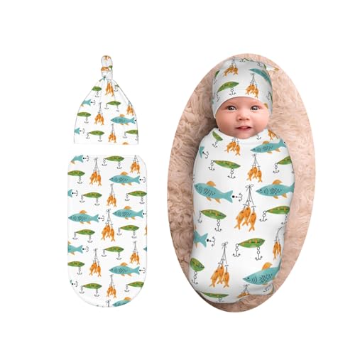 Fishing Swaddle Blanket and Beanie Hat Set for Newborns