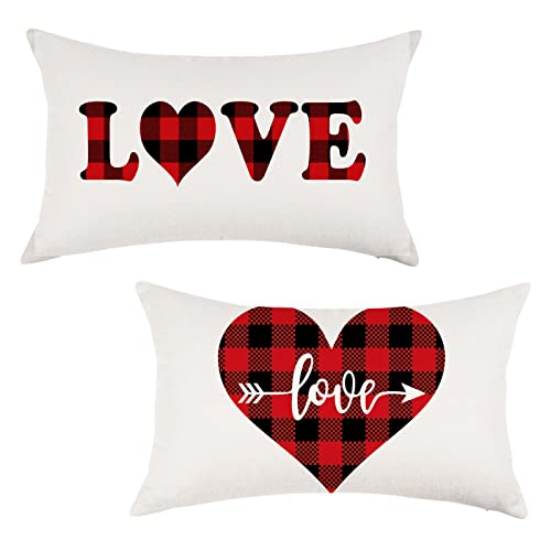 ONWAY Valentine's Day Lumbar Pillow Covers, 12x20 Farmhouse Buffalo Plaid, 2PK