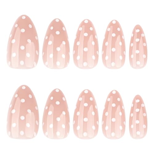 White Polka Dots Press on Nails Medium Almond Fake Nails 24Pcs