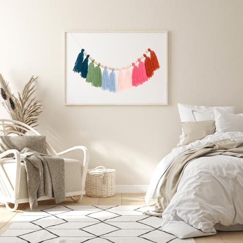 Boho Tassel Garland Yarn Bunting Banner with Wood Beads for Nursery Wall Decor