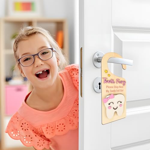 Tooth Fairy Door Hanger Kit for Kids - Wooden Sign & Coins Set
