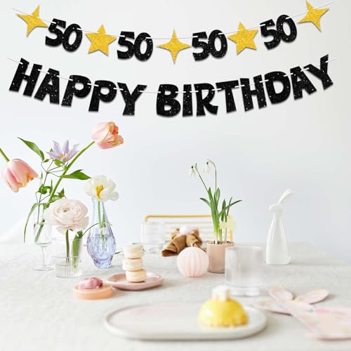 Happy 50th Birthday Banner, Black and Gold Pre-Strung Party Decoration