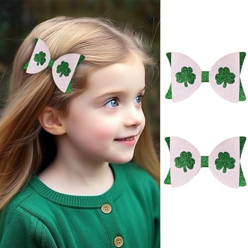 St. Patrick's Day Glitter Shamrock Hair Bows - 2 Pack Green Clover Alligator Clips