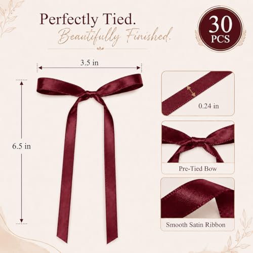30 Pack Burgundy Satin Bow Cake Toppers - Pre-Tied for Easy Decoration
