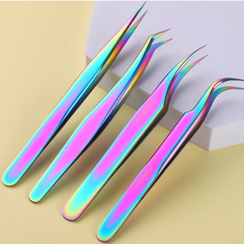 Vubbkdi Rainbow Stainless Steel Craft Tweezers with Leather Bags, 2 Pairs