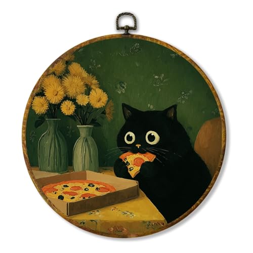 Pizza Cat Wall Art – Black Cat Canvas Print, 10x10 Framed Decor