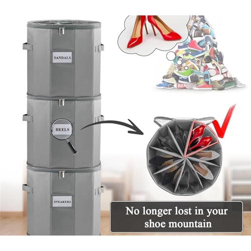 WEALTH Round Shoe Storage Organizer, 8-Compartment Closet Container, Gray