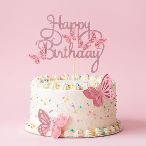 3D Pink Butterfly Cake Toppers Set with Happy Birthday Sign, 26Pcs