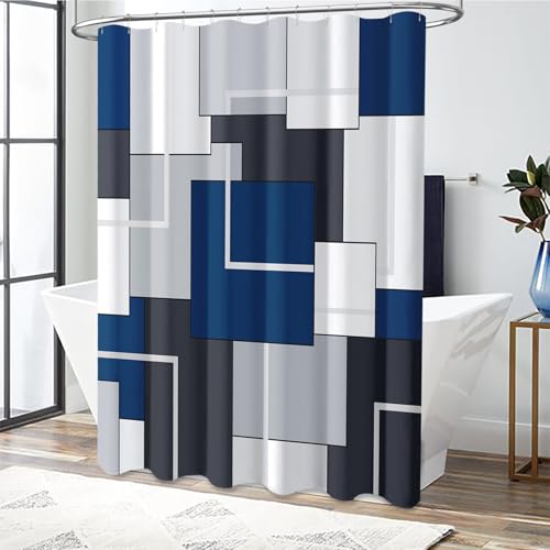BTTN Navy Blue Geometric Waterproof Shower Curtain, 72x72