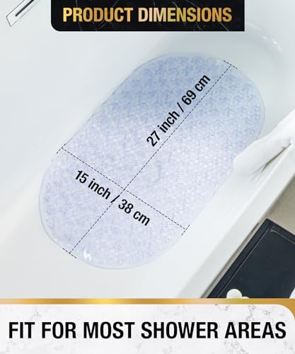 HITSLAM Non-Slip Bathtub Mat, 27x15 Inch Clear Shower Mat with Suction Cups and Drain Holes