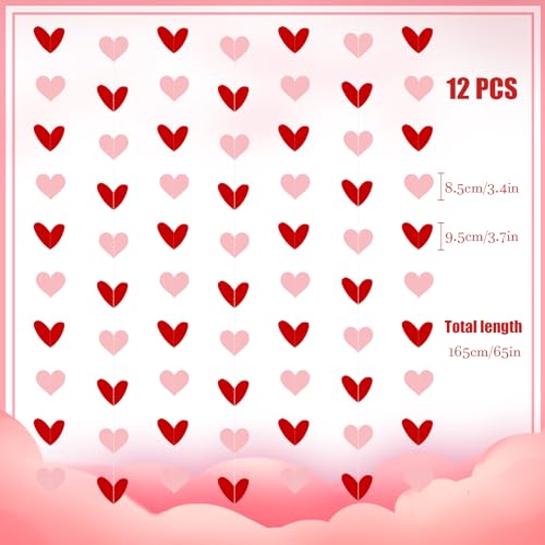 TaoQ C Red and Pink Heart Paper Garland Banners 12-Pack for Valentine's Day Wedding and Party Decorations