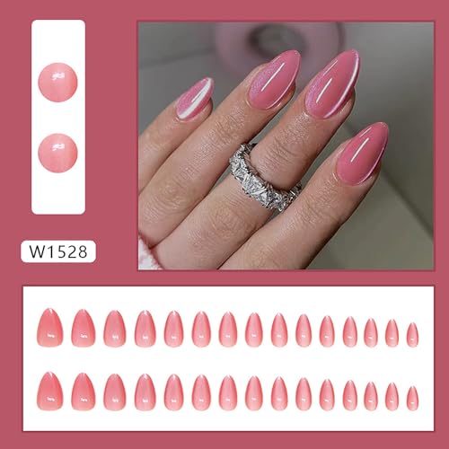 Cat Eye Press on Nails Medium Almond Rose Red French Design 24Pcs