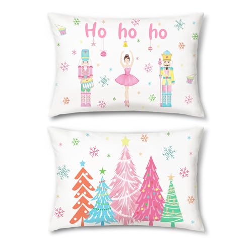 Bonhause Christmas Nutcracker Pillow Covers 12x20 Inch - Pink Set of 2