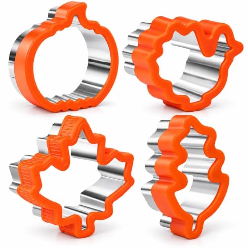 Thanksgiving Cookie Cutters Set - 4 Stainless Steel Shapes for Baking & Sandwiches - Pumpkin, Maple Leaf, Turkey, Leaves