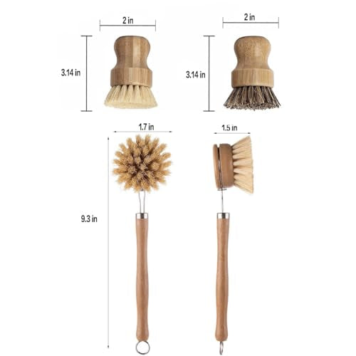 Eco-Friendly Bamboo Dish Brush Set - 1 Long Handle & 2 Palm Scrubbers, Plastic-Free Kitchen Cleaning