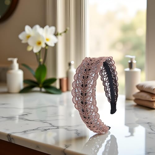 Cauaoa Coffee Lace Leaf Wide Headband Non-Slip Elastic Hair Hoop