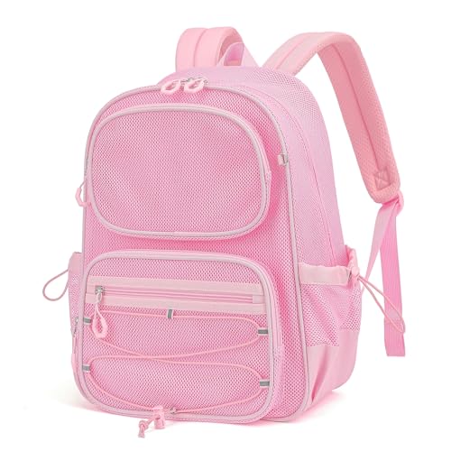 MUSEVOS Pink Mesh Backpack, Large See-Through Stadium Approved Bookbag
