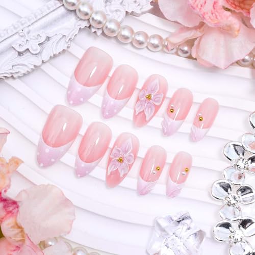 French Tip Press on Nails Medium Almond 3D Flower Pearl Glossy False Nails