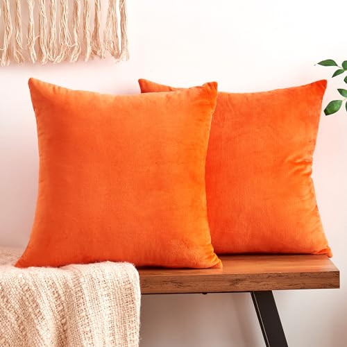 Bright Orange Fall Velvet Throw Pillow Covers Set of 2 18x18 Inches - Farmhouse Boho Decor