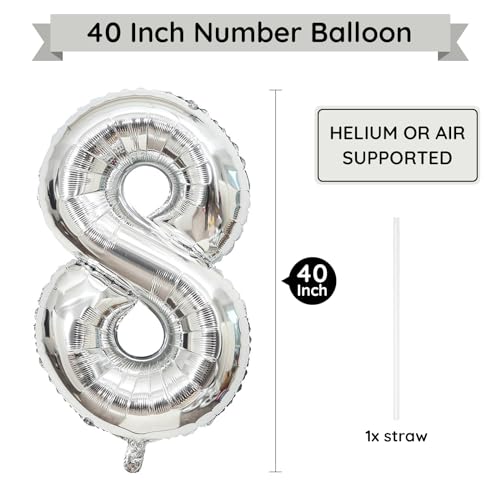 PatiCool 40 Inch Silver Number 8 Foil Mylar Balloon for Birthday Party Decor