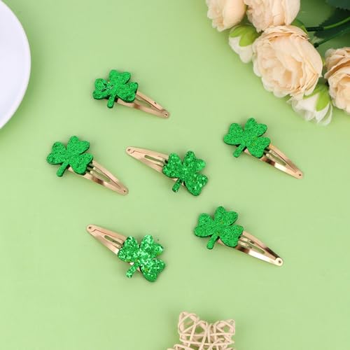 St. Patrick's Day Shamrock Hair Clips - 6 Pcs Glitter Green Clover Barrettes