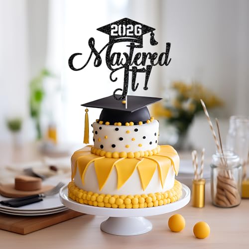 2026 Graduation Cake Topper - Happy Masters Degree in Black Glitter