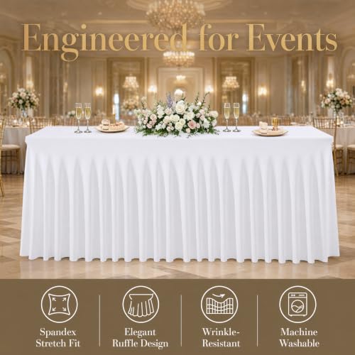 White Stretch Spandex Tablecloths 6ft Fitted with Skirt for Weddings Party Banquets