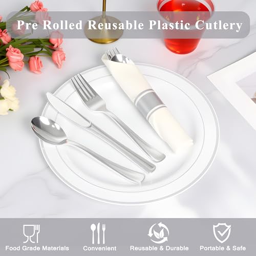 White and Silver Disposable Cutlery & Napkin Set for 200 Guests