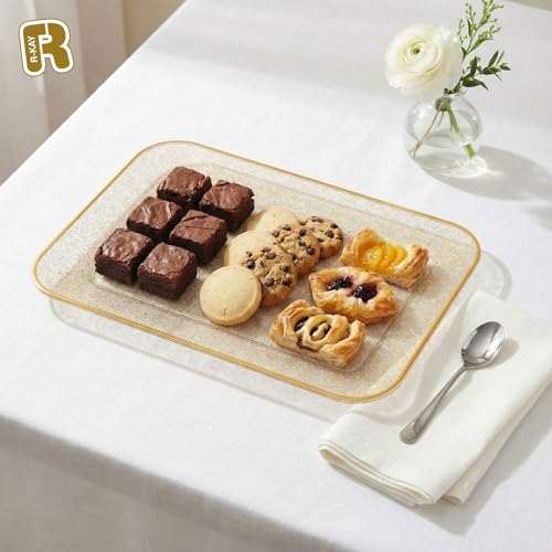 R-kay Gold Glitter Plastic Serving Trays 8x11 Inches, Pack of 3 – Heavy Duty Party Platters
