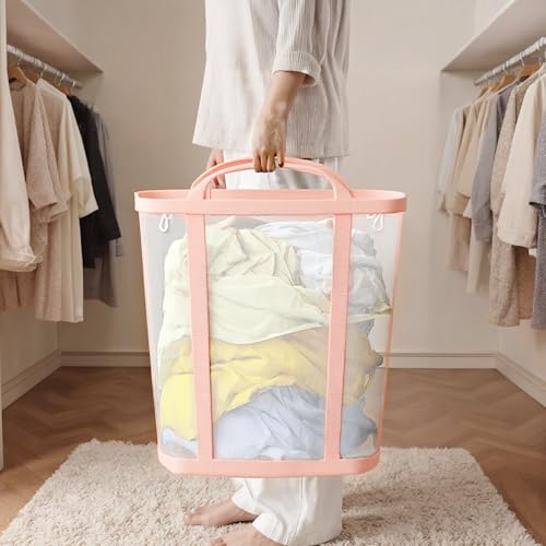 Pink Collapsible Laundry Caddy 11 Gallon Mesh Tote Foldable Clothes Storage Basket