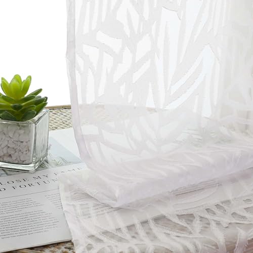 Short White Sheer Curtains 24" Length, 2 Panels with Jacquard Design