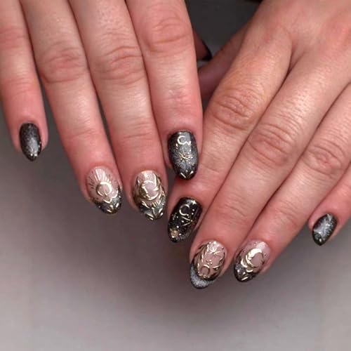 Black French Tip Press on Nails Short Almond False Nails with Gold Glitter