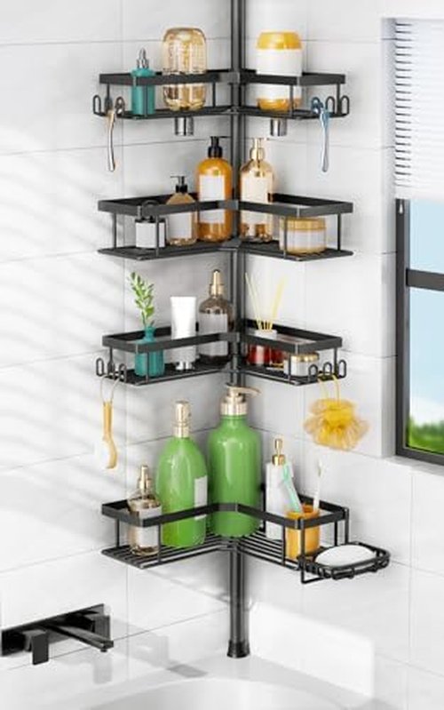 HAMITOR Shower Caddy - 4-Tier Rustproof Bathroom Organizer with Soap Holder & Hooks | Adjustable Tension Pole 47-123 Inch - Black