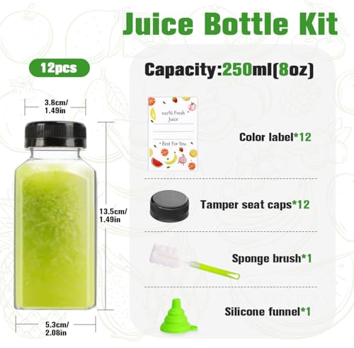 12-Pack 8oz Plastic Juice Bottles with Tamper-Proof Lids, Funnel & Labels