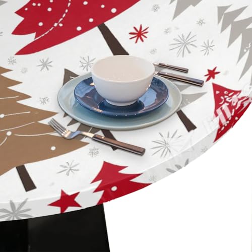 56-Inch Round Elastic Christmas Tablecloth with Red White Tree Design - Waterproof & Fitted Fleece for Kitchen, Party