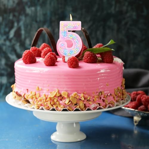 Lasuroa Number 5 Macaron Birthday Candle, Pink Glitter Cake Topper