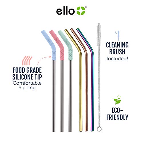 Ello Reusable Stainless Steel Straws with Silicone Tips - 6 Pack