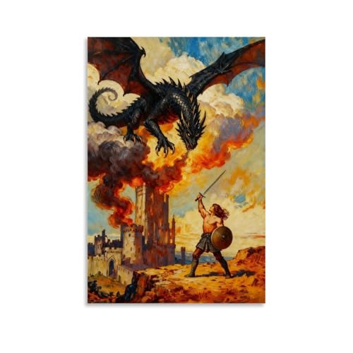 Vintage Warriors vs Dragons Canvas Wall Art - 12x18 Inch