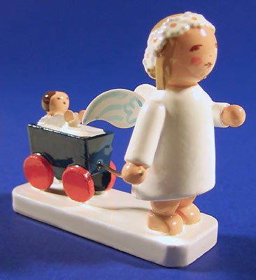Handpainted Wooden Snowflake Angel Figurine with Wagon - German Holiday Decor