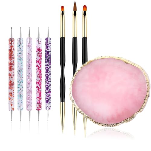 FULINJOY 9Pcs Nail Art Brushes Set with Resin Mixing Palette & Dotting Pens