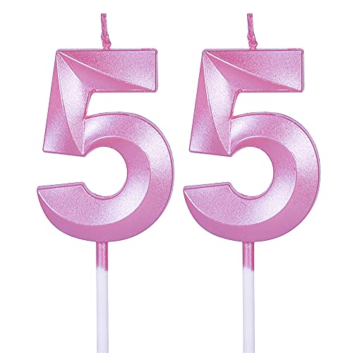 Pink 55th Birthday Cake Candles - Glitter Number Topper Set
