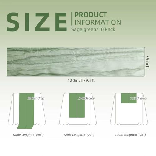 Sage Green Cheesecloth Table Runner 10 Pack - 35x120 Inch Semi-Transparent Boho Decor