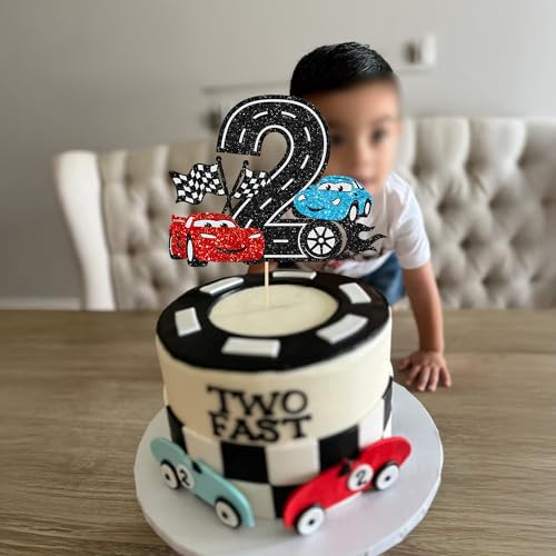 Ephlyn Race Car 2nd Birthday Cake Topper - Glitter Black Two Fast Decor