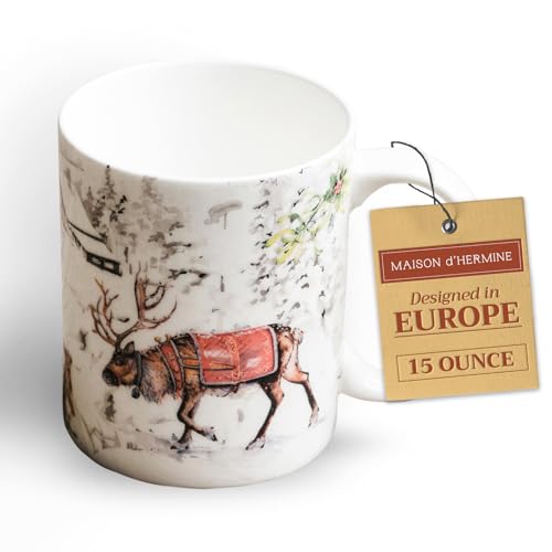 European Style Bone China Coffee Mug with Handles - 15 Ounce Christmas Reindeer Variation