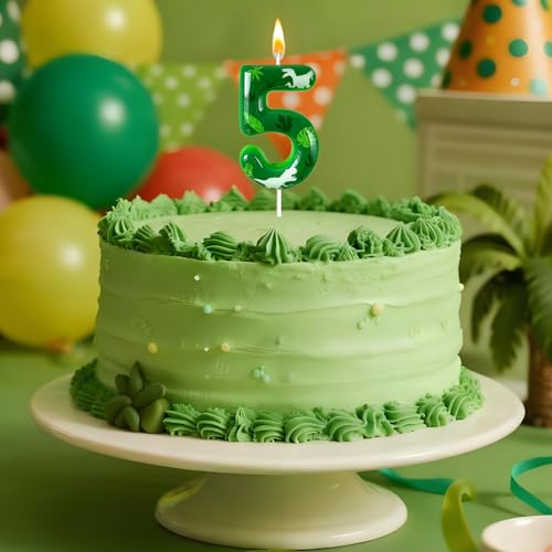 Number 5 Dinosaur Birthday Candle - Green Jungle Theme Cake Topper
