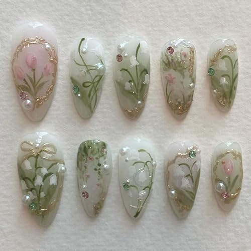 Floral Press On Nails Medium Almond Fake Nails with Pearls